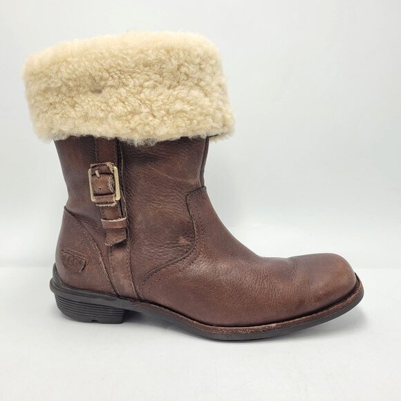 Ugg Bellevue Women's Sz 6.5 Leather & Genuine Sheepskin Wool Winter Boots Brown - Picture 4 of 16